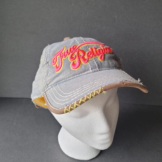 Vintage Y2K True Religion Distressed Blue Denim Baseball Cap Hat
