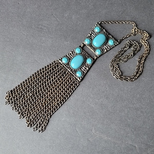 Large Vintage Faux Turquoise Statement Necklace Bronze Fringe Long Costume