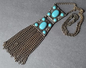 Large Vintage Faux Turquoise Fringe Panel Necklace Statement Jewelry