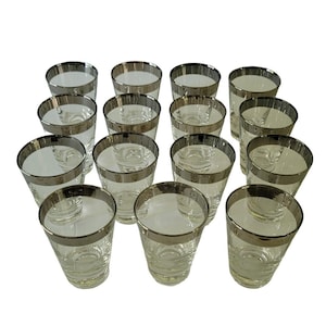 Mid Century Modern Dorothy Thorpe Style Silver Rim Cocktail Glasses- Set of 15