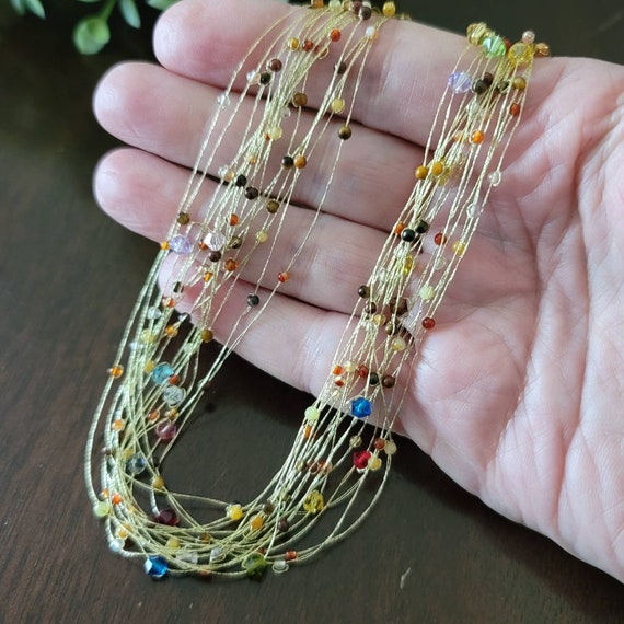 Multi Strand Gold Thread Necklace with Colorful B… - image 4