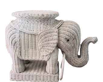 Vintage White Wicker Elephant Side Table Palm Beach Chic Hollywood Regency