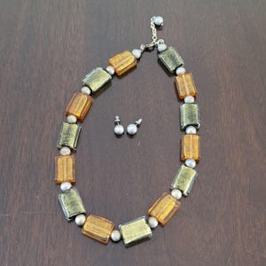 Metallic Yellow & Olive Green Venetian Glass Crackle Bead Necklace Earring Set