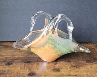 Vintage Murano Art Glass Double Swan Green and Gold Swirl Napkin / Letter Holder Italy