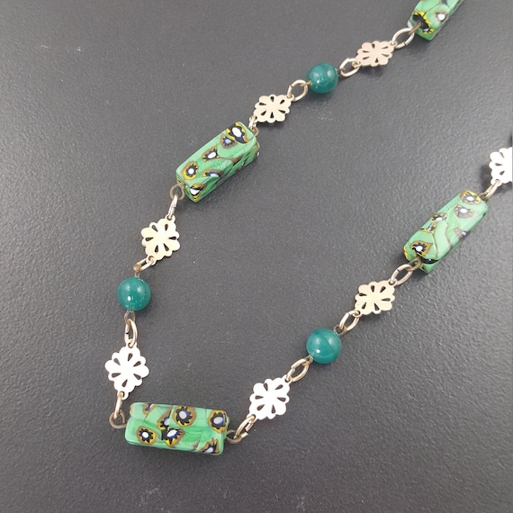 Vintage Venetian Millefiori Glass Bead Necklace with Green Glass Beads and Gold Tone Spacers 26"