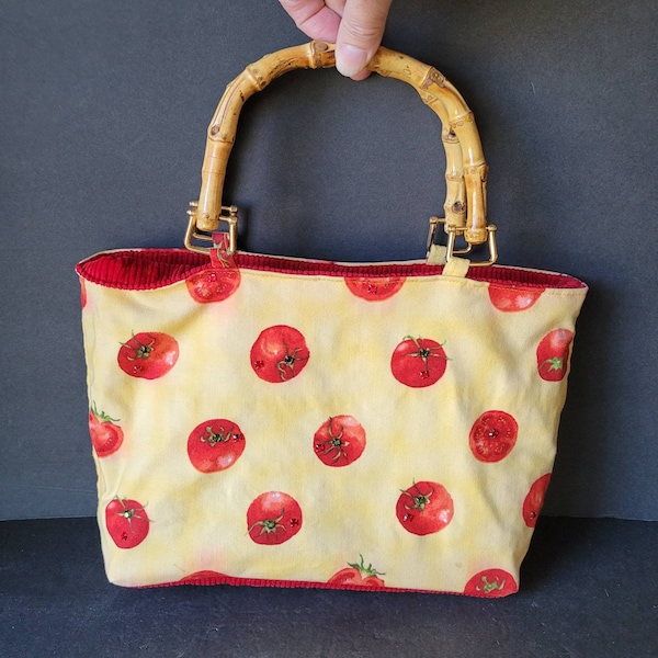 Fabric Top Handle Purse Bamboo Handles Tomato Print Lined Reversible Handbag