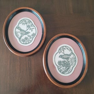 Vintage Oval Cut Paper Birds and Flowers Framed Picture Art Signed Set of 2