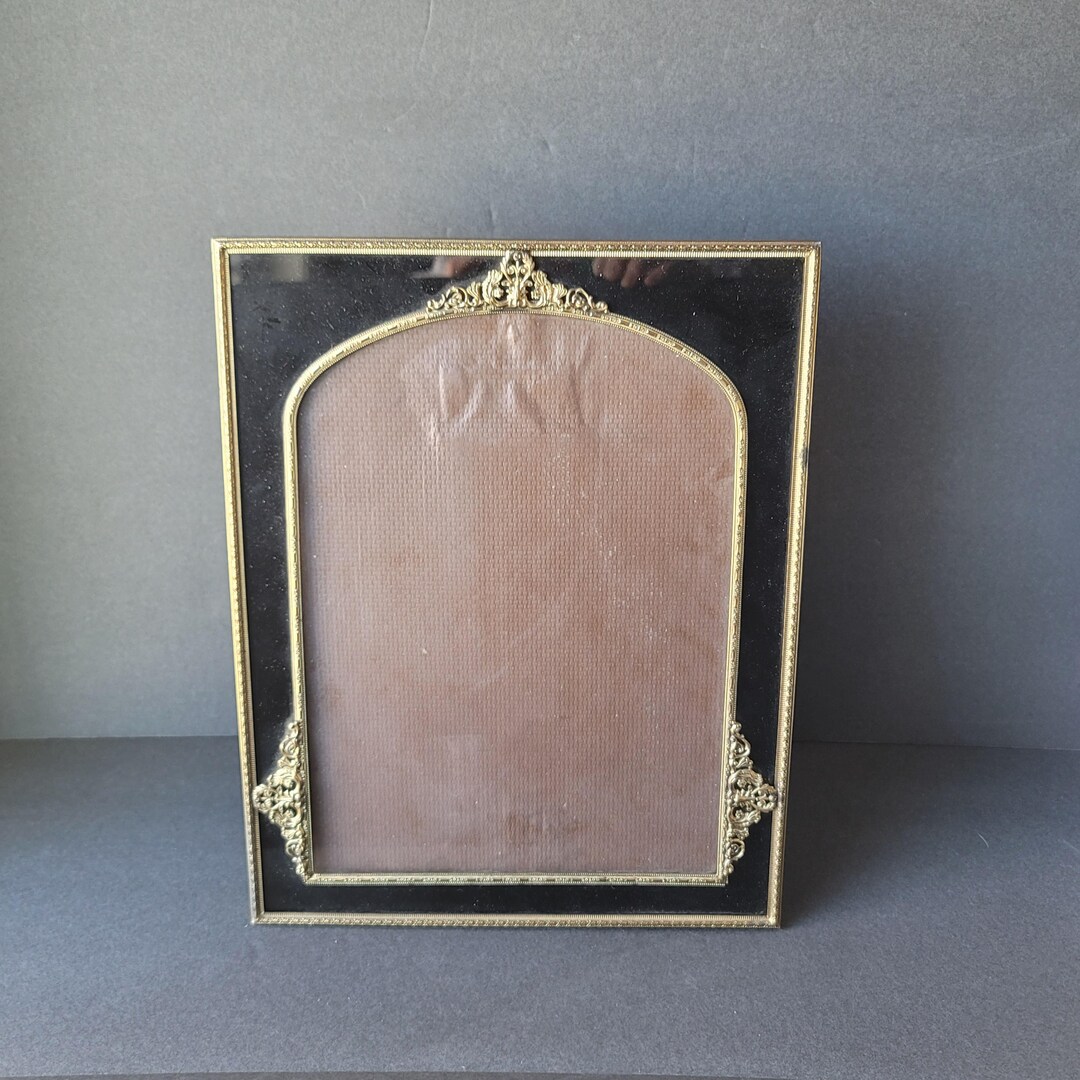 Vintage Ornate 8 X 10 Brass and Black Glass Arched Photo Picture Frame ...