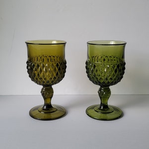 Large Vintage Indiana Glass Green Diamond Point Pressed Glass Water Goblet Wine Glasses Set of 2