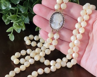 Vintage Mother of Pearl Beaded Necklace with Removable Cameo Catch Brooch