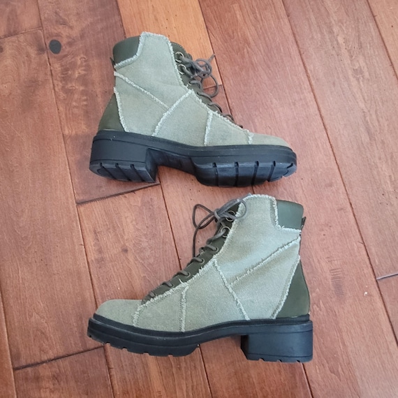Olive Green Canvas Patchwork Combat Boots Size 8.5 - image 1