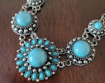 Vintage Faux Turquoise Squash Blossom Style Necklace Silver Tone Large Chunky Statement Jewelry Iris Apfel Style