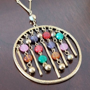 Vintage Large Gold Tone Chandelier Pendant With Multicolored Beads Necklace Statement Jewelry
