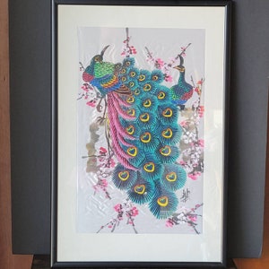 Vintage Asian Framed Peacocks Cherry Blossoms Painted on Silk Signed