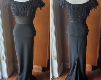 Vintage Nadine Black Beaded Off the Shoulder Gown Dress Made in Hong Kong Sheer Waist See Measurements