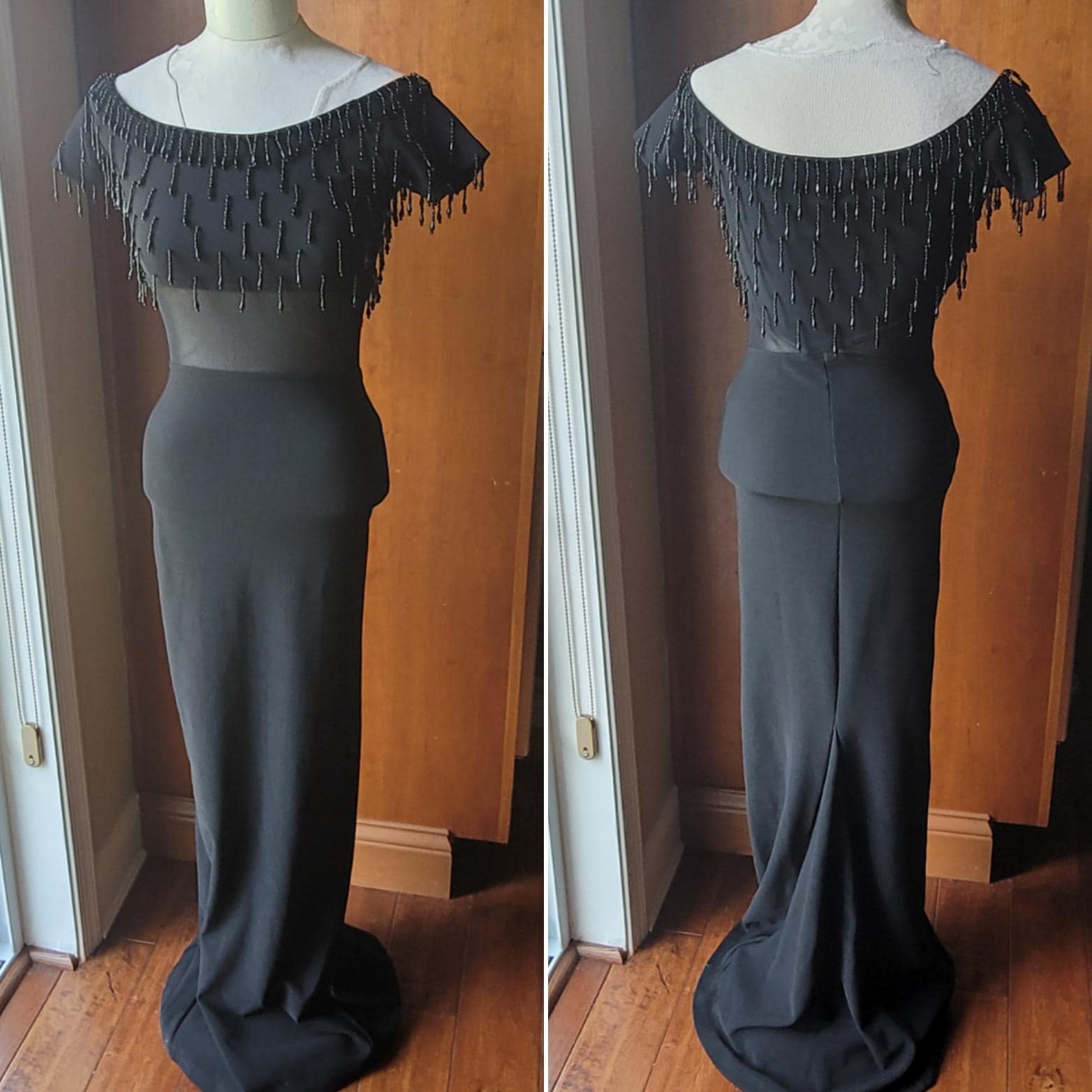 Vintage Nadine Black Beaded Off the Shoulder Gown Dress Made in Hong Kong Sheer Waist See Measurements