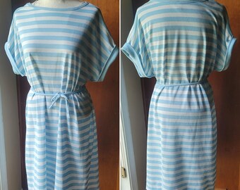 Vintage 70s Day Dress Baby Blue White Striped Shift Dress Retro Short Sleeve Mini Dress Tie Waist Casual Beach