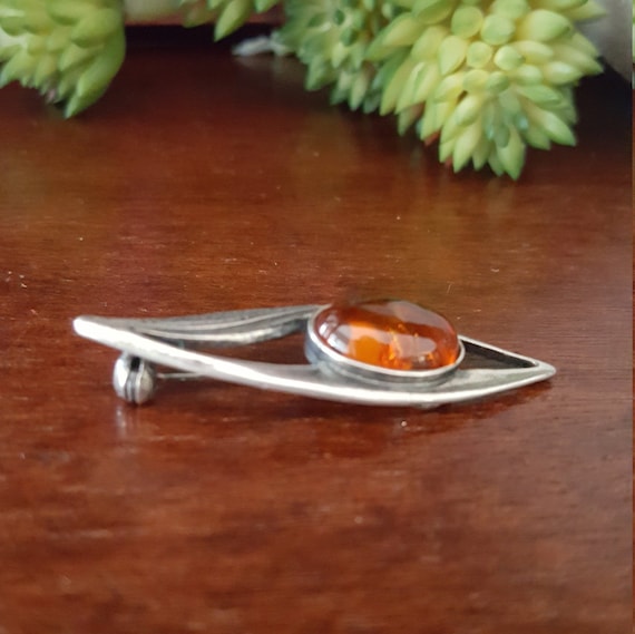 Vintage Sterling Silver Amber Pin Brooch 925 Art … - image 7