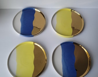 Anthropologie Canape Side Plate "Tamatoa" Decorative Dish Art Modern Wavy Stripe 7" Set of 4 Blue Yellow