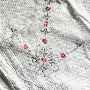 Vintage Embroidered Flower Tablecloth 54x43.5&quot; Rectangle Gray Pink White Linen Floral Hand Embroidery Kitchen Dining