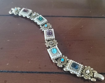 Vintage Gold Tone Panel Bracelet with Faux Pearls and Multi Color Rhinestones
