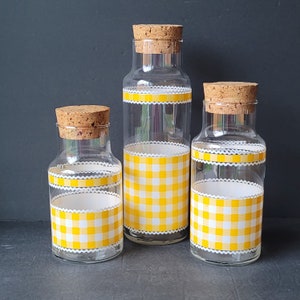 Vintage Libbey Calico Yellow Gingham Check Glass Canister with Cork Lids Set of 3