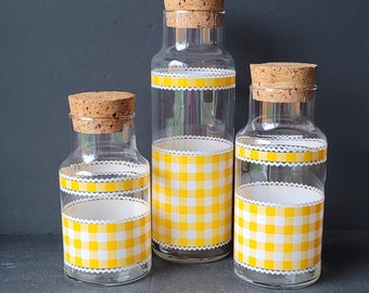 Juego de 3 botes vintage de cristal Libbey Calico Yellow Gingham Check con tapas de corcho
