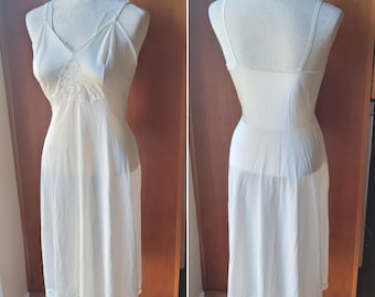 Vintage White Slip Dress with Lace Bust Hem Adjustable Straps Lingerie Midi Dress
