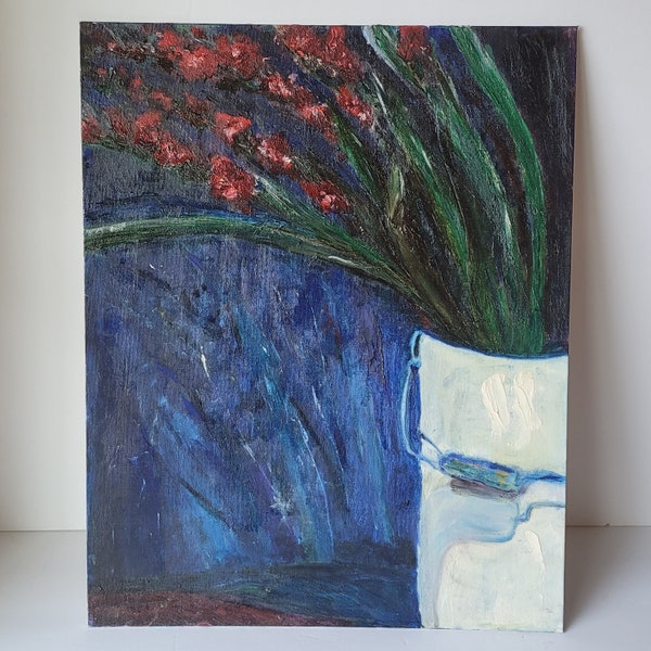 Vintage Moody Oil Painting of Gladiolas in a Bucket on Canvas Board by Rosemary Rabut Signed 16x20 Blue Red White Green Philadelphia Artist