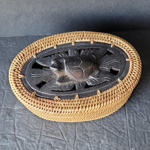 Vintage Small Woven Oval Rattan Box with Lid and Dark Wood Carved Turtle Handle