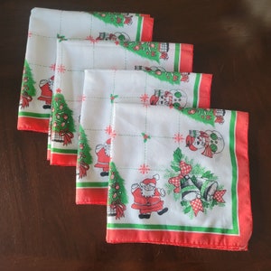 Vintage Christmas Cloth Napkins Set of 4 Square Santa Frosty Snowman Christmas Tree