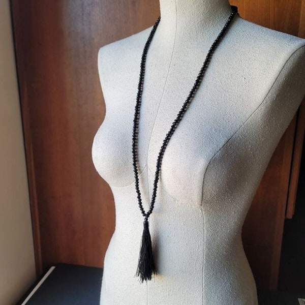 Black Onyx Cut Glass Mala Tassel Necklace