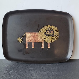 Mid Century Modern Couroc Lion Tray Brass Wood Inlay Rounded Edges Monterey California
