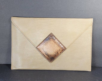 Vintage David Mehler for Dame Tan Leather & Snakeskin Envelope Clutch Purse Wallet