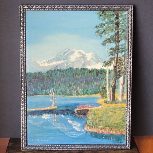 Vintage Original Framed Oil Painting on Board Signed Lake Mountains Trees Woods buy