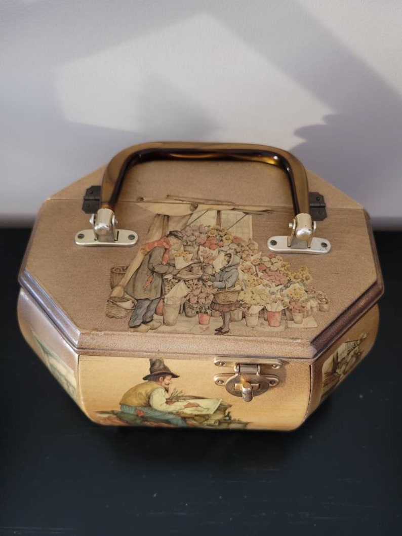 Vintage Decoupage Wood Box Purse With Handle Lined Twist Lock Etsy