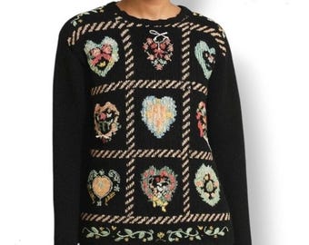 Vintage Kathie Lee Embroidered Embellished Heart Sweater Women's 22W / 3X Cottagecore Grandma