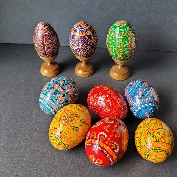 Vintage Polish Pysanky Easter Egg Set of 9 Eggs & 3 Stands Hand Painted Wood 1970s Polish Folk Art Flowers Easter Decor #3
