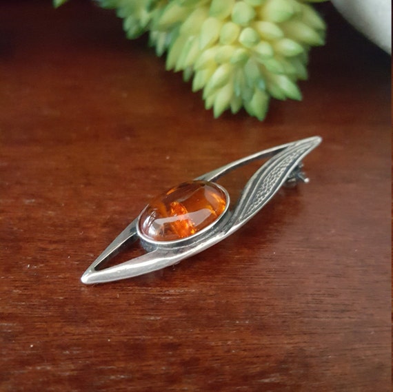 Vintage Sterling Silver Amber Pin Brooch 925 Art … - image 4