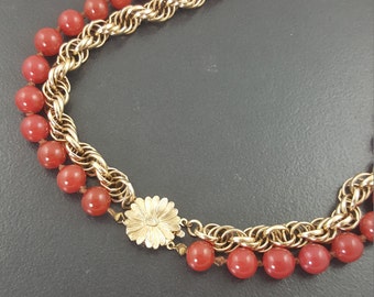 Vintage Bergere Carnelian Bead Choker Necklace with Gold Plated Rope Chain and Flower Box Clasp