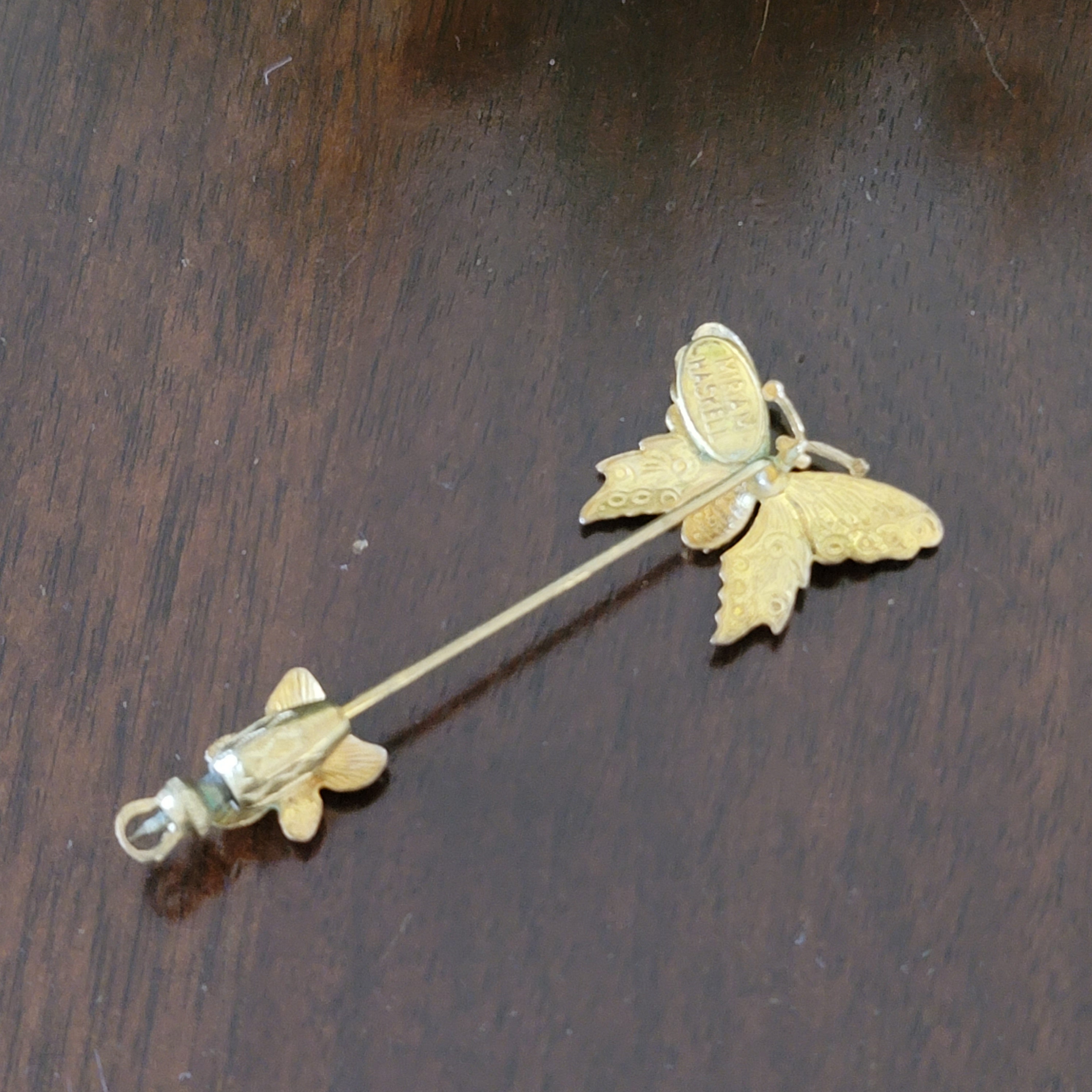 Vintage Miriam Haskell Butterfly Gold Tone Stick Pin Signed 