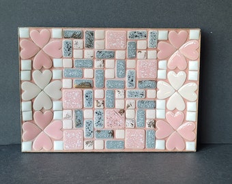 Vintage Ucago Pink Heart Mosaic Ceramic Tile Plate Catch All Dish Made in Japan Mid Century Modern MCM