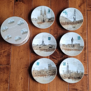 Ensemble de 6 assiettes à dessert Pfalzgraff Cities Carte postale apéritif bleu marron