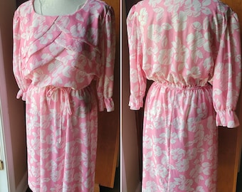 Vintage 80s Layered Front Pink White Floral Print 3/4 Sleeve Midi Dress Ruffle Sleeve Tie Elastic Waist Made in USA