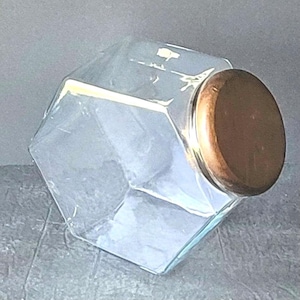 Vintage 1970s LIBBEY OF CANADA Hexagon Glass Canister Candy Cookie Jar Wood Lid farmhouse retro kitchen storage