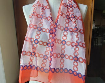 Vintage 1960s Mod Long Scarf with Red, White, and Blue Chiffon Patriotic 14 x 43.5" Head Neck Scarf Made in Japan