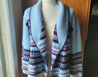 Vintage 70s Cardigan Sweater Rolled Collar Blue Striped Pattern Knit Norwegian Style Wrap Wide Sleeve