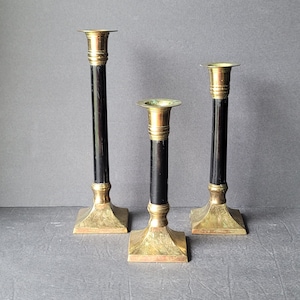 Vintage Brass and Black Taper Candlesticks Candle Holders Set of 3