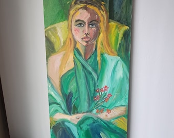 Vintage Portrait "Girl With Flowers" Expressionist Oil Painting by Rosemary Rabut Signed 12x24 Philadelphia Artist