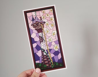 Rapunzel&#39;s Tower Stained Glass Window Mini Print | Tangled Themed Vinyl Sticker | Colorful Stained Glass Window Mini Print